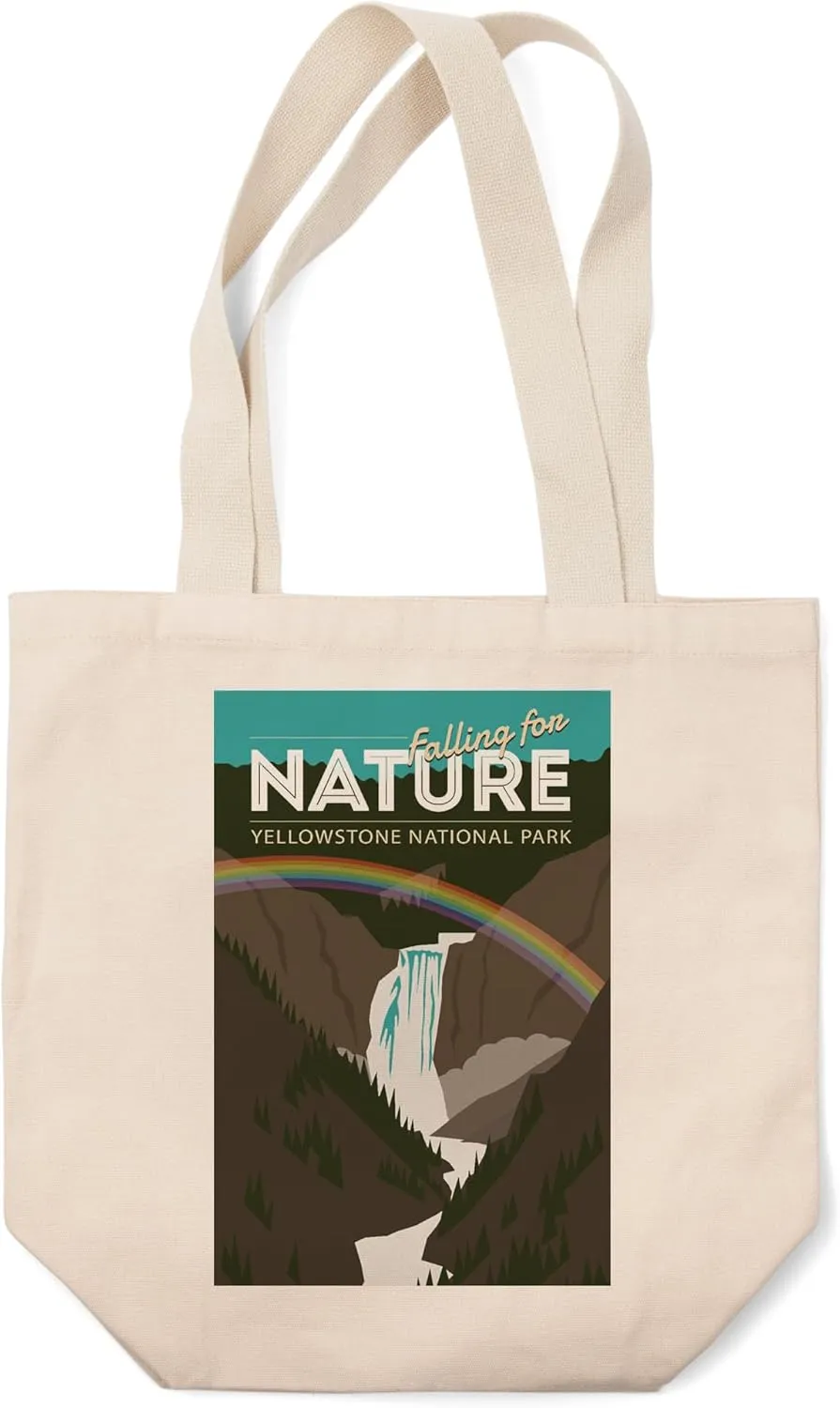 Lantern Press Yellowstone National Park, Yellowstone Falls, Falling for Nature (100% Cotton Canvas Reusable Tote Bag)