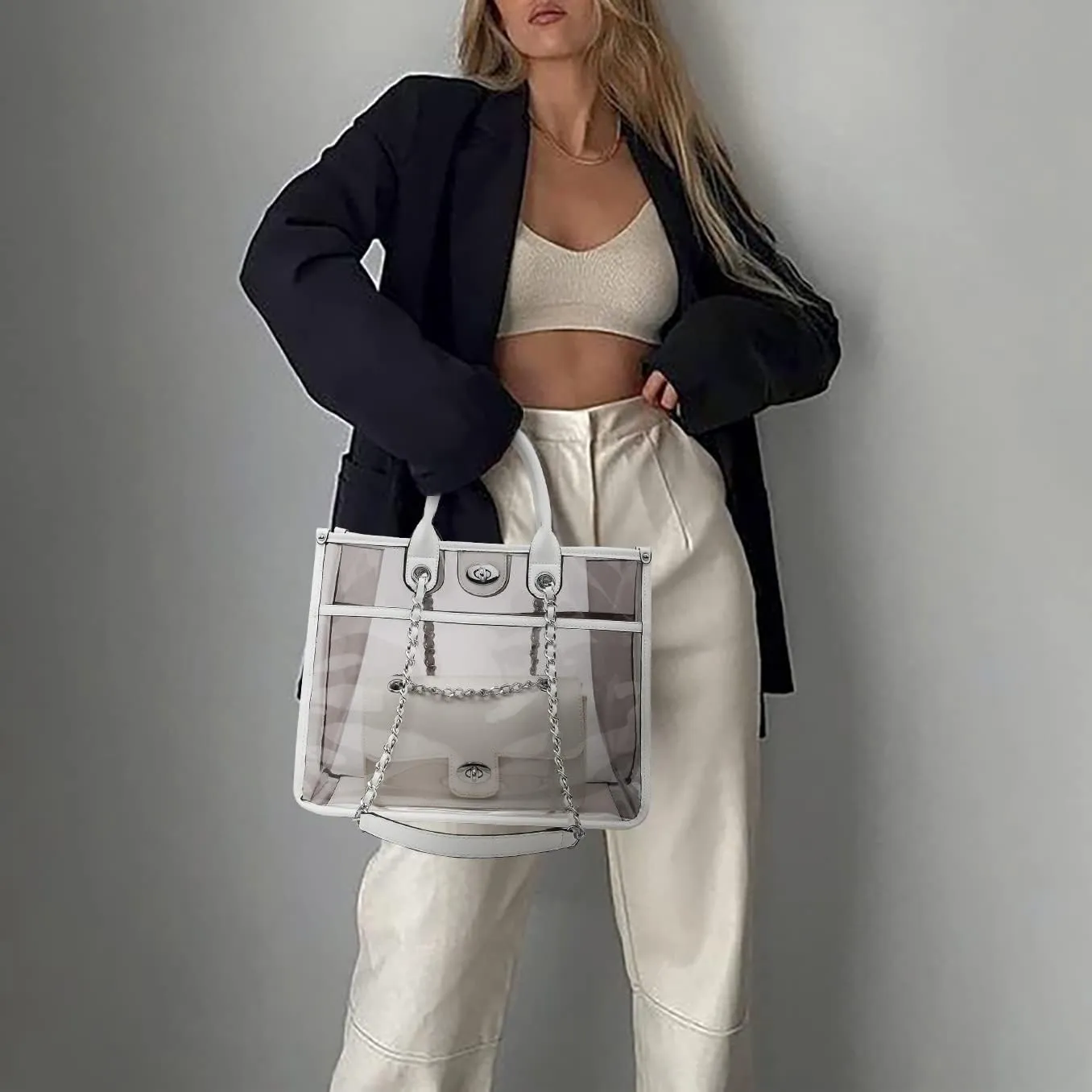 Large Clear Tote Bag Stadium Approved Women Clear Purse for Stadium Events Crossbody 2 in 1 Shoulder Work Bag