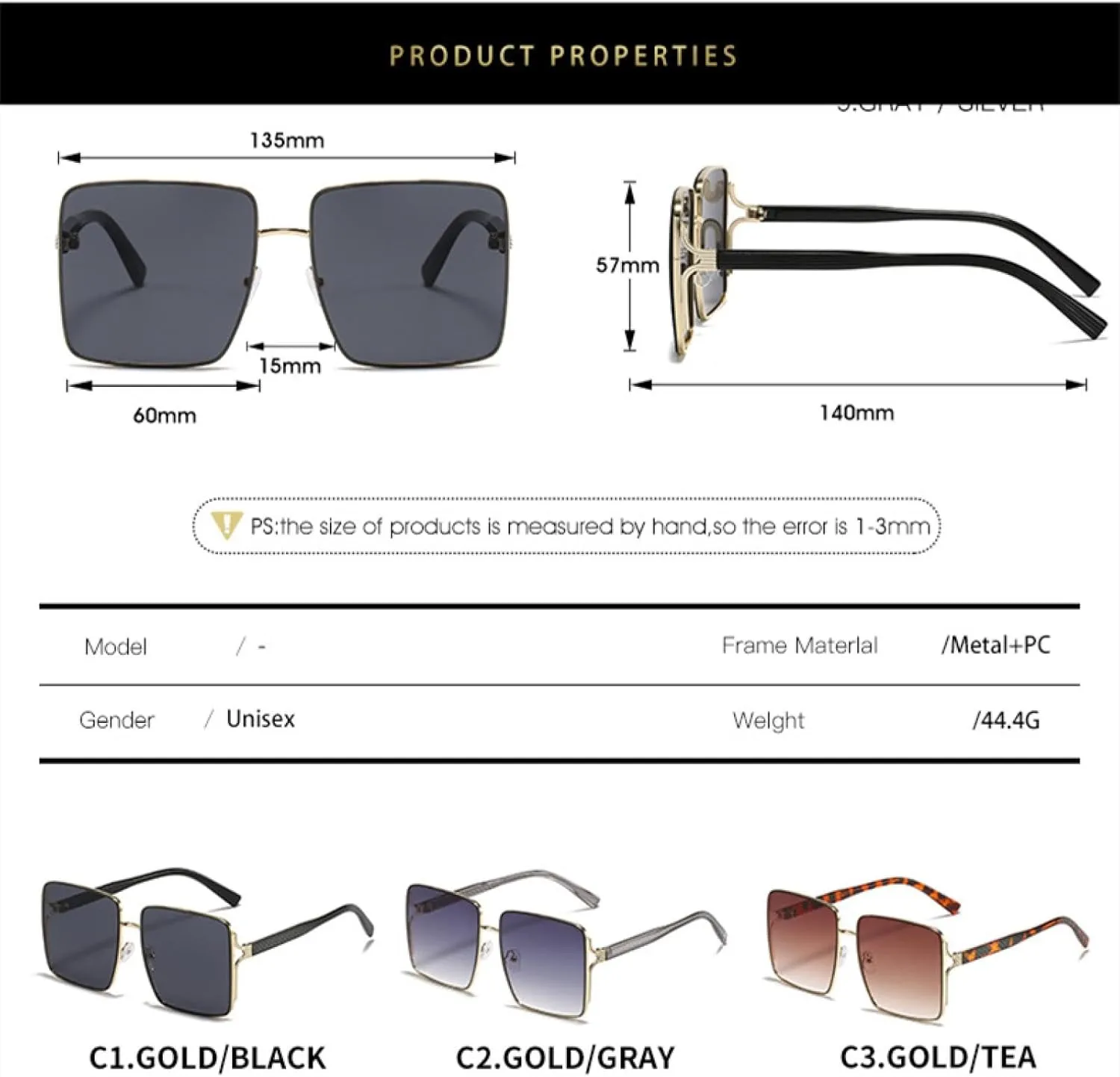 Large Frame Sunglasses Women Men Fashion Vintage Metal Frame Eyeglasses Travel Driving Shades Uv400