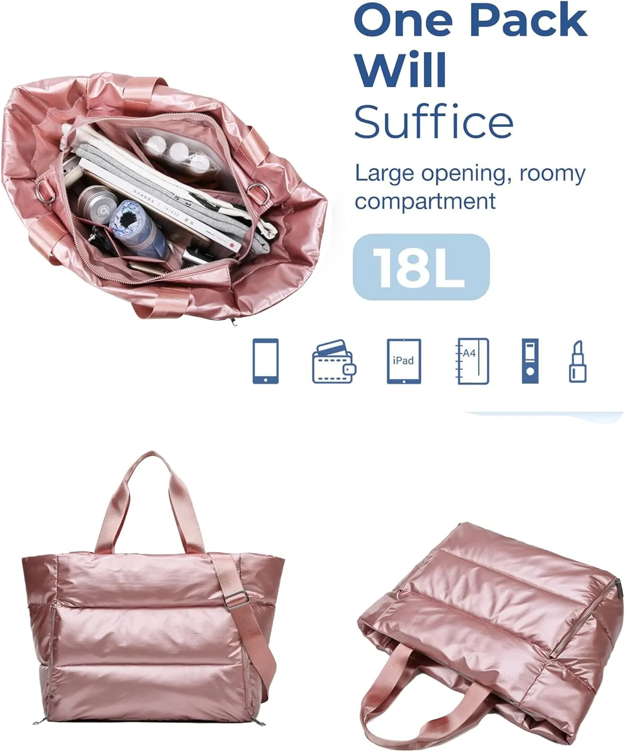 Large Tote Bag for Women, Lightweight Travel Tote Handbags, Puffer Tote Bag with Zipper, Yoga Bags Quilted Work Bag