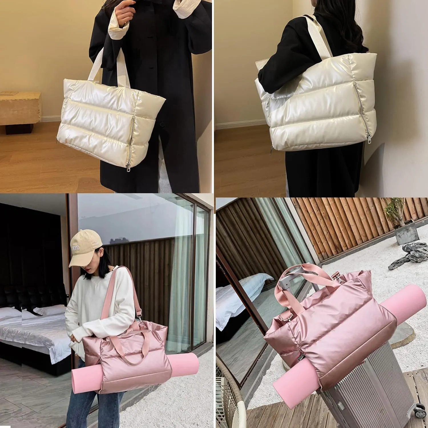 Large Tote Bag for Women, Lightweight Travel Tote Handbags, Puffer Tote Bag with Zipper, Yoga Bags Quilted Work Bag