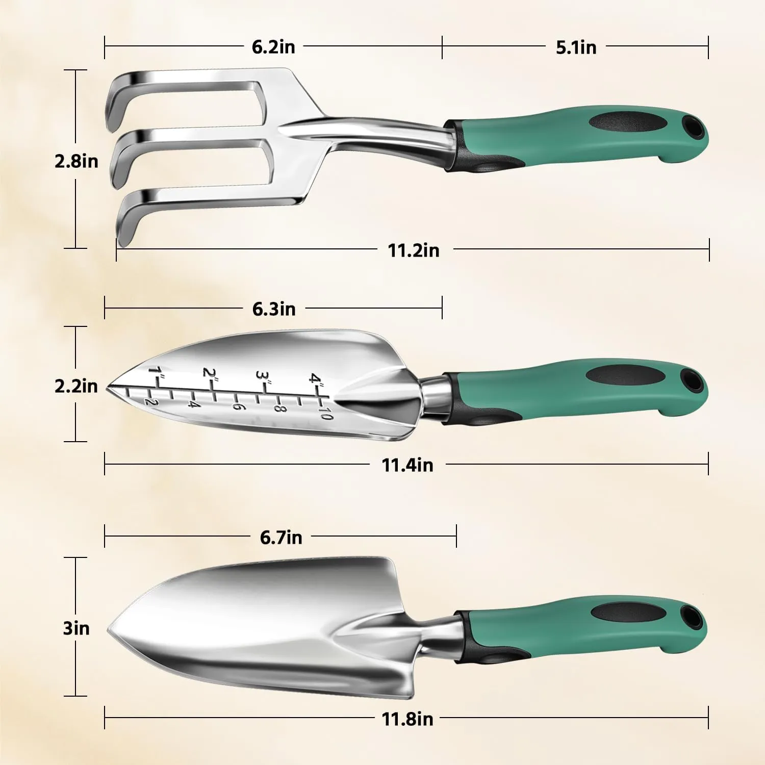 LASZOLA 3 Piece Garden Tool Set Include Hand Trowel Rake and Transplant Shovel for Women, Indoor Heavy Duty Small Spade Kit with Ergonomic Handle to Weed and Loosen, for Mom and Plant Beginner, Teal