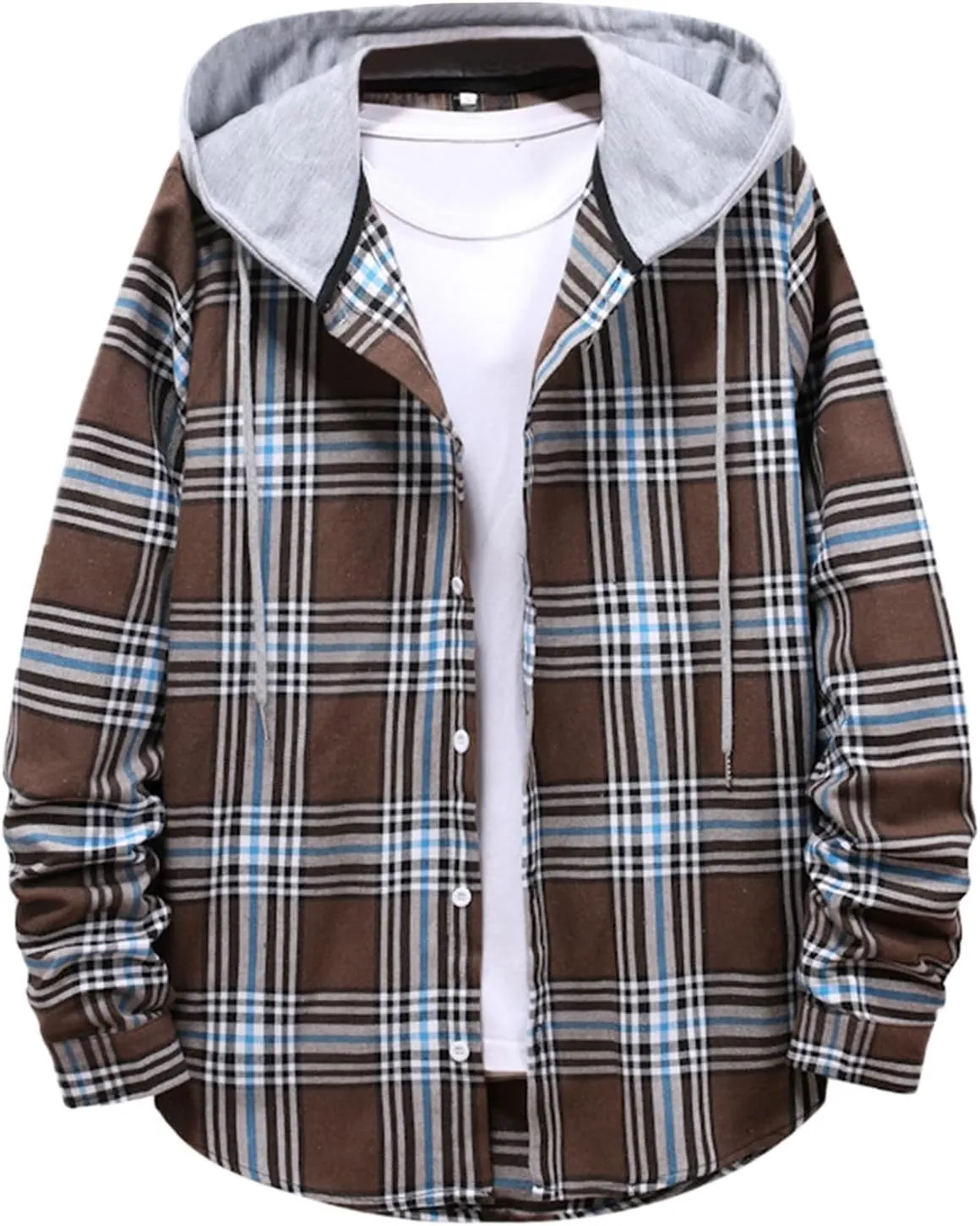 LCMTWX Men's Cotton Plaid Shirts Jacket Hooded Collar Long Sleeve Shirt Blouse Men Plus Size Big&Tall Mens Coat Long Sleeve