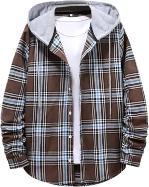 LCMTWX Men's Cotton Plaid Shirts Jacket Hooded Collar Long Sleeve Shirt Blouse Men Plus Size Big&Tall Mens Coat Long Sleeve