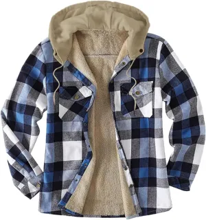 LCMTWX Men's Flannel Jackets Large Plaid Pocket Hooded Loose Coat Plus Velvet Shirt Long Sleeve Button Up Fleece Plaid