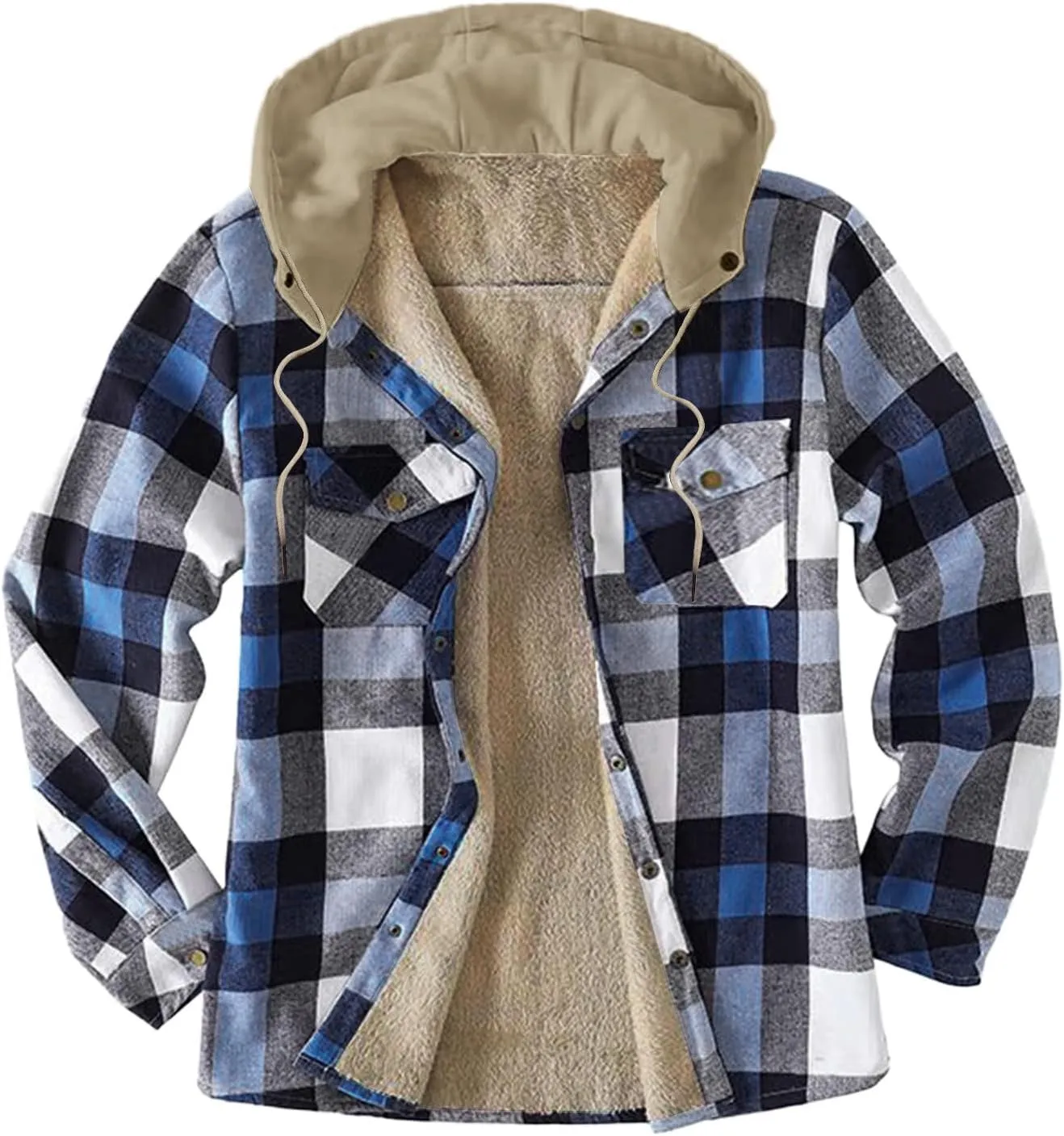 LCMTWX Men's Flannel Jackets Large Plaid Pocket Hooded Loose Coat Plus Velvet Shirt Long Sleeve Button Up Fleece Plaid