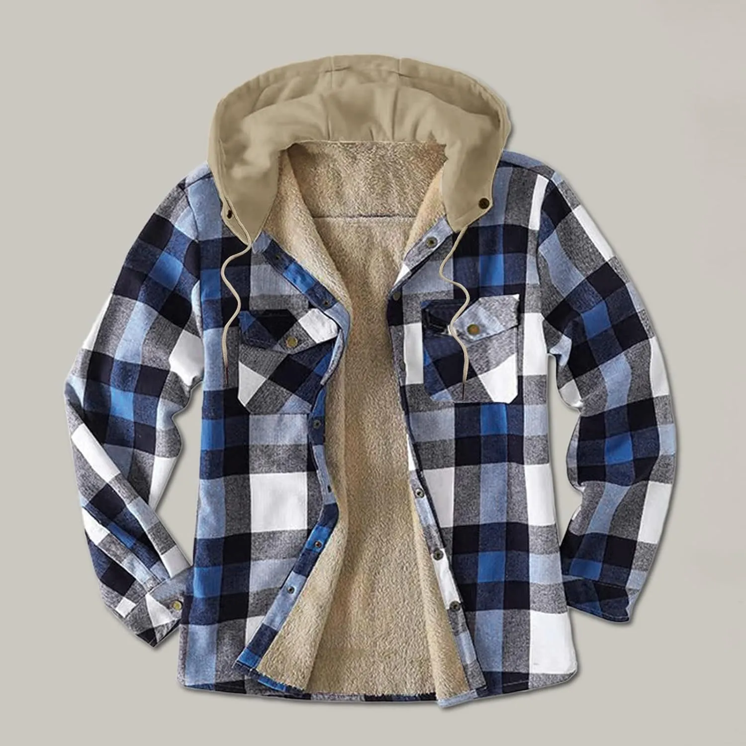 LCMTWX Men's Flannel Jackets Large Plaid Pocket Hooded Loose Coat Plus Velvet Shirt Long Sleeve Button Up Fleece Plaid