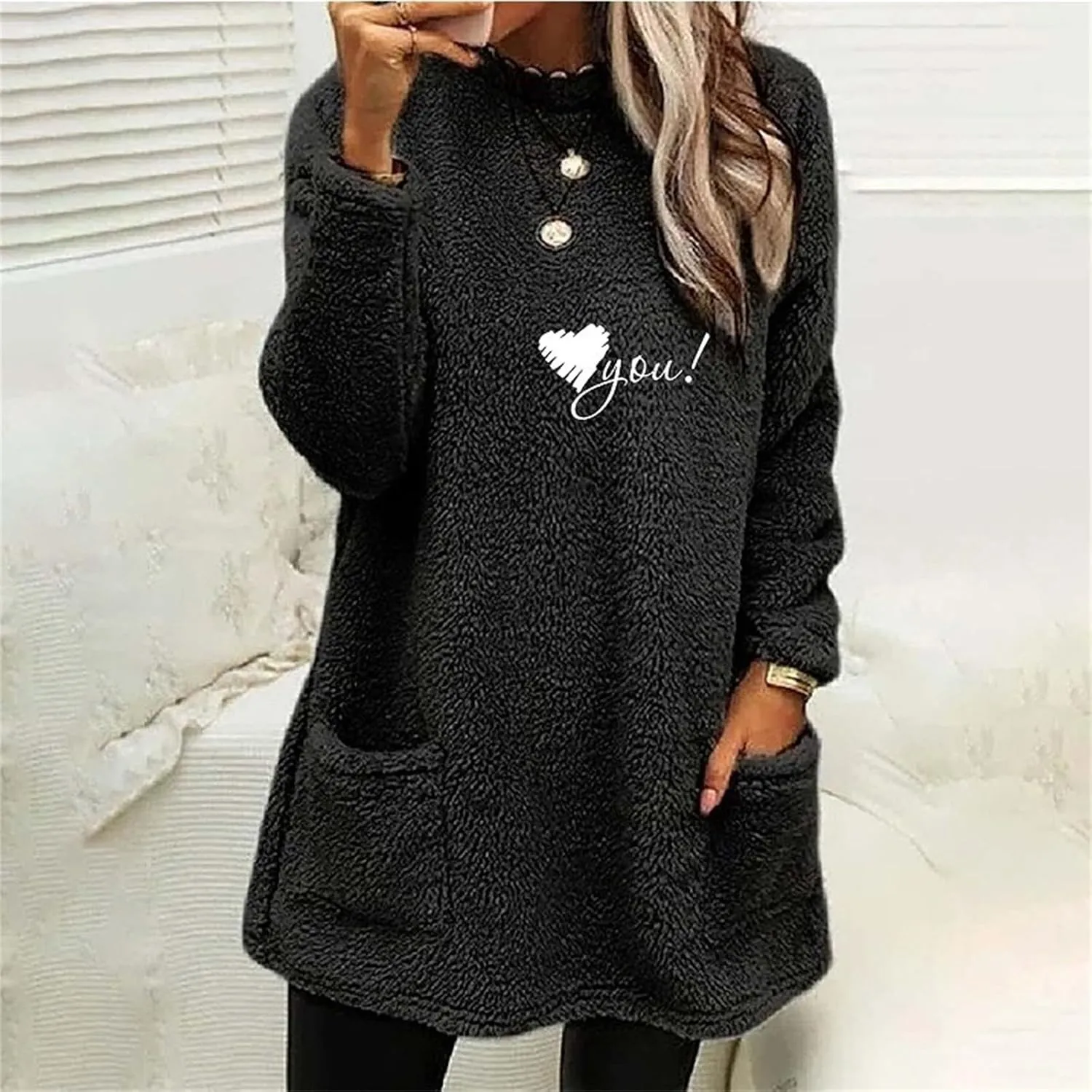 LCMTWX Winter Warm Fleece Pullover Sweatshirt Women Jumper With Pockets Loose Soft Long Sleeve Pullover Tops Christmas