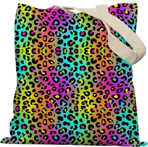 Leopard Tote Bag, Neon Rainbow Leopard Print Preppy Canvas Tote Bags for Women, Western Tote Bag, Leopard Cheetah Print Gifts for Women, Preppy Stuff, Reusable Grocery Bags Shopping Bags
