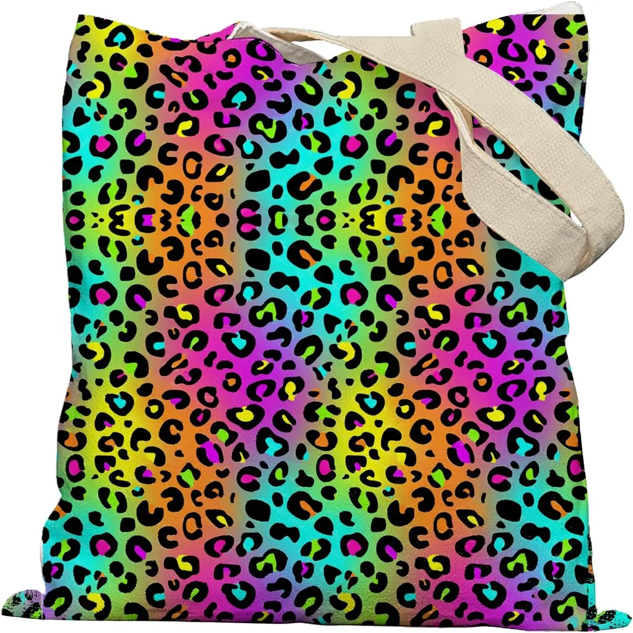 Leopard Tote Bag, Neon Rainbow Leopard Print Preppy Canvas Tote Bags for Women, Western Tote Bag, Leopard Cheetah Print Gifts for Women, Preppy Stuff, Reusable Grocery Bags Shopping Bags