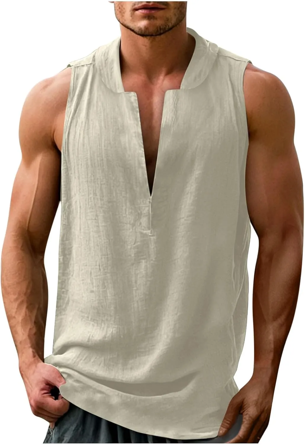 Linen Sleeveless Shirts for Men Beach Vacation Outfits Textured V Neck Tropical Shirt Tank Tops Cut Off Holiday 2025