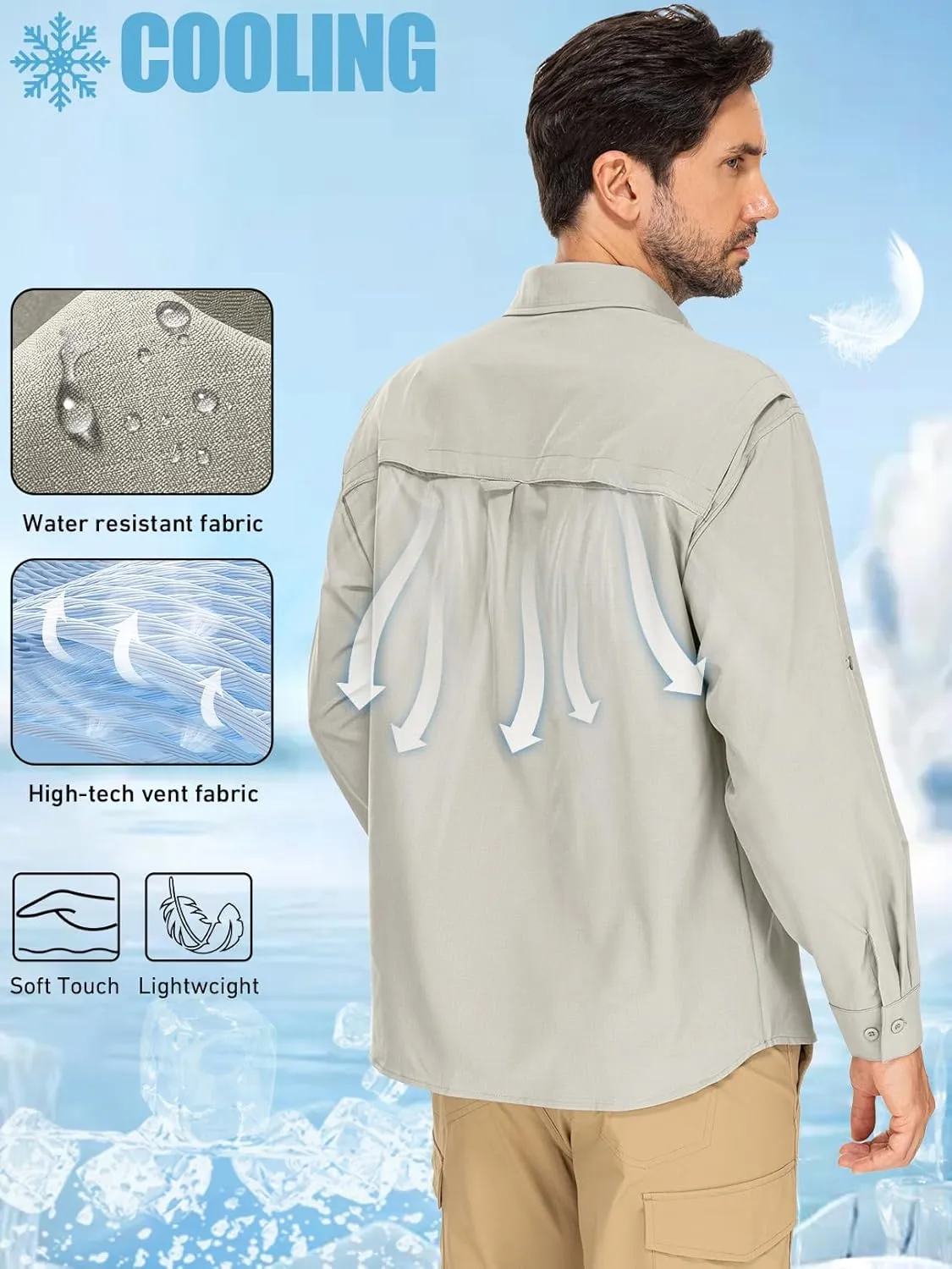 linlon Mens Safari Shirts Long Sleeve UV Protection Hiking Fishing UPF 50  Quick Dry Cooling Camping Travel Shirts