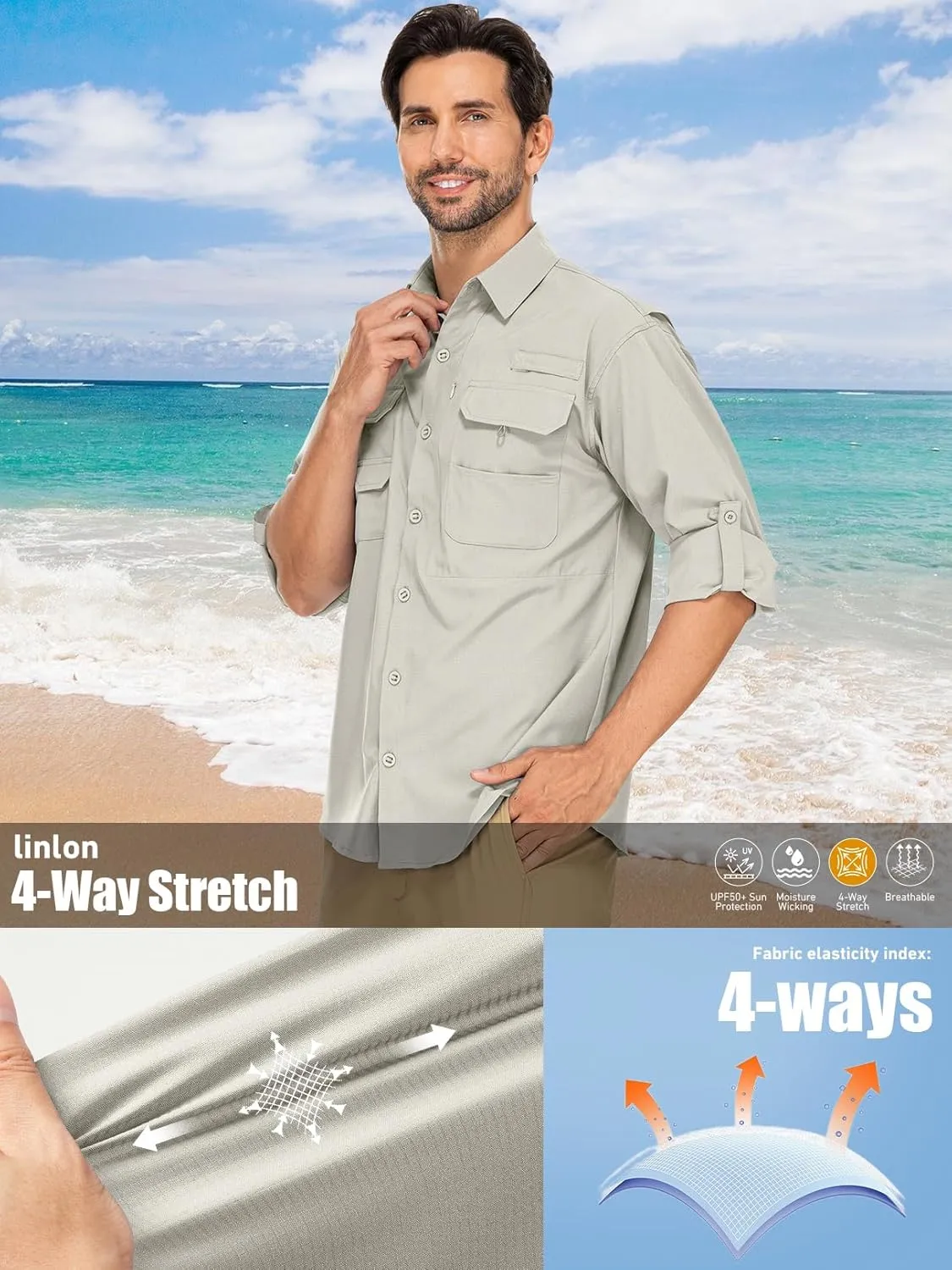 linlon Mens Safari Shirts Long Sleeve UV Protection Hiking Fishing UPF 50  Quick Dry Cooling Camping Travel Shirts