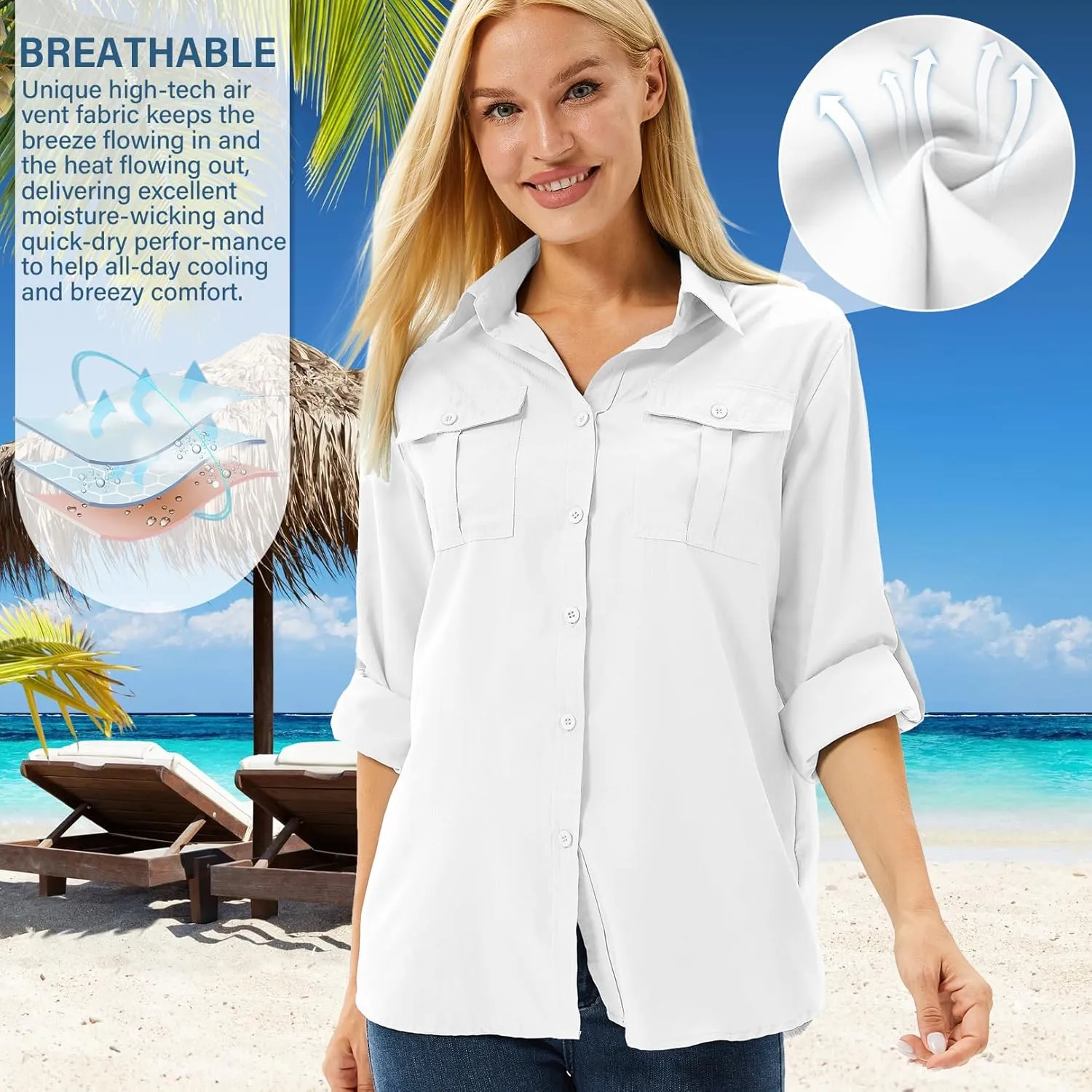 linlon Womens Safari Shirts Long Sleeve UV Protection Hiking Fishing UPF 50  Quick Dry Cooling Camping Travel Shirts