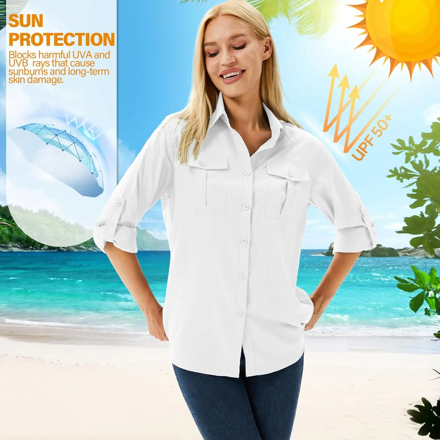linlon Womens Safari Shirts Long Sleeve UV Protection Hiking Fishing UPF 50  Quick Dry Cooling Camping Travel Shirts