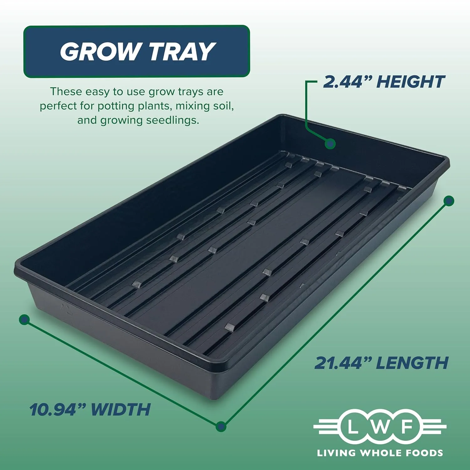 Living Whole Foods 5 Pack of Durable Black Plastic Growing Trays (Without Drain Holes) 21" X 11" X 2" - Flowers, Seedlings, Plants, Wheatgrass, Microgreens & More