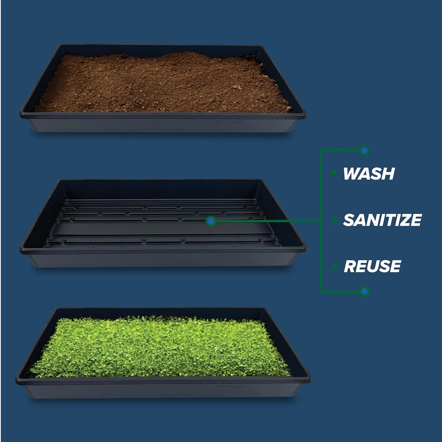 Living Whole Foods 5 Pack of Durable Black Plastic Growing Trays (Without Drain Holes) 21" X 11" X 2" - Flowers, Seedlings, Plants, Wheatgrass, Microgreens & More