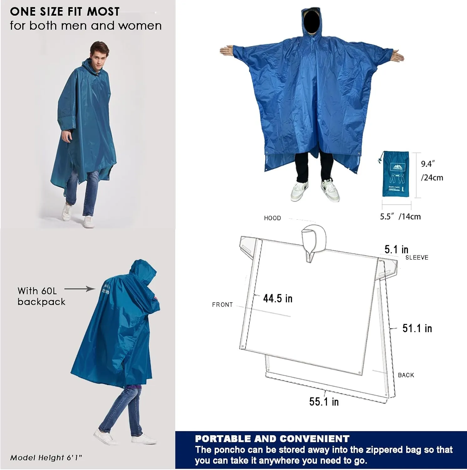 longsinger Rain Poncho for Adult, Waterproof Rain Poncho with Hood and Sleeve, Ideal for Hiking, Hunting, Camping