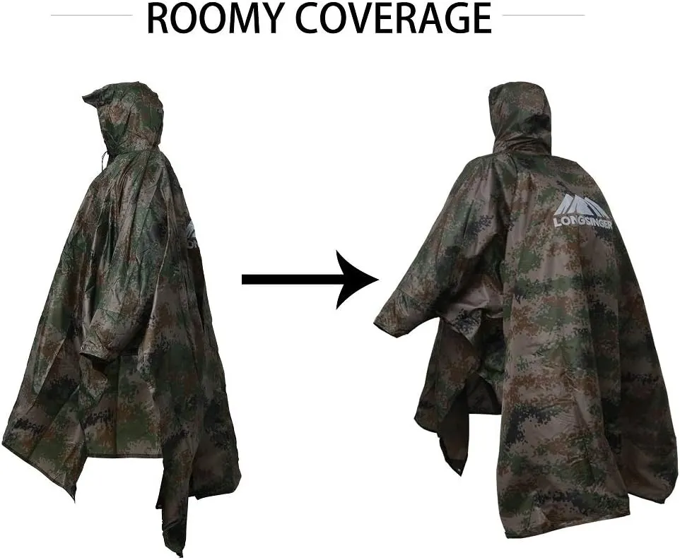 longsinger Rain Poncho for Adult, Waterproof Rain Poncho with Hood and Sleeve, Ideal for Hiking, Hunting, Camping
