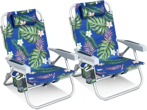 Low Beach Chairs for Adults 2 Pack – 5-Position Reclining Backpack Beach Chair with Large Insulated Cooler & Storage Pocket, Lightweight Folding Portable Sand Chair for Travel & Outdoor, Tropical Palm
