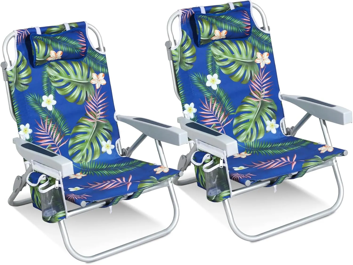 Low Beach Chairs for Adults 2 Pack – 5-Position Reclining Backpack Beach Chair with Large Insulated Cooler & Storage Pocket, Lightweight Folding Portable Sand Chair for Travel & Outdoor, Tropical Palm