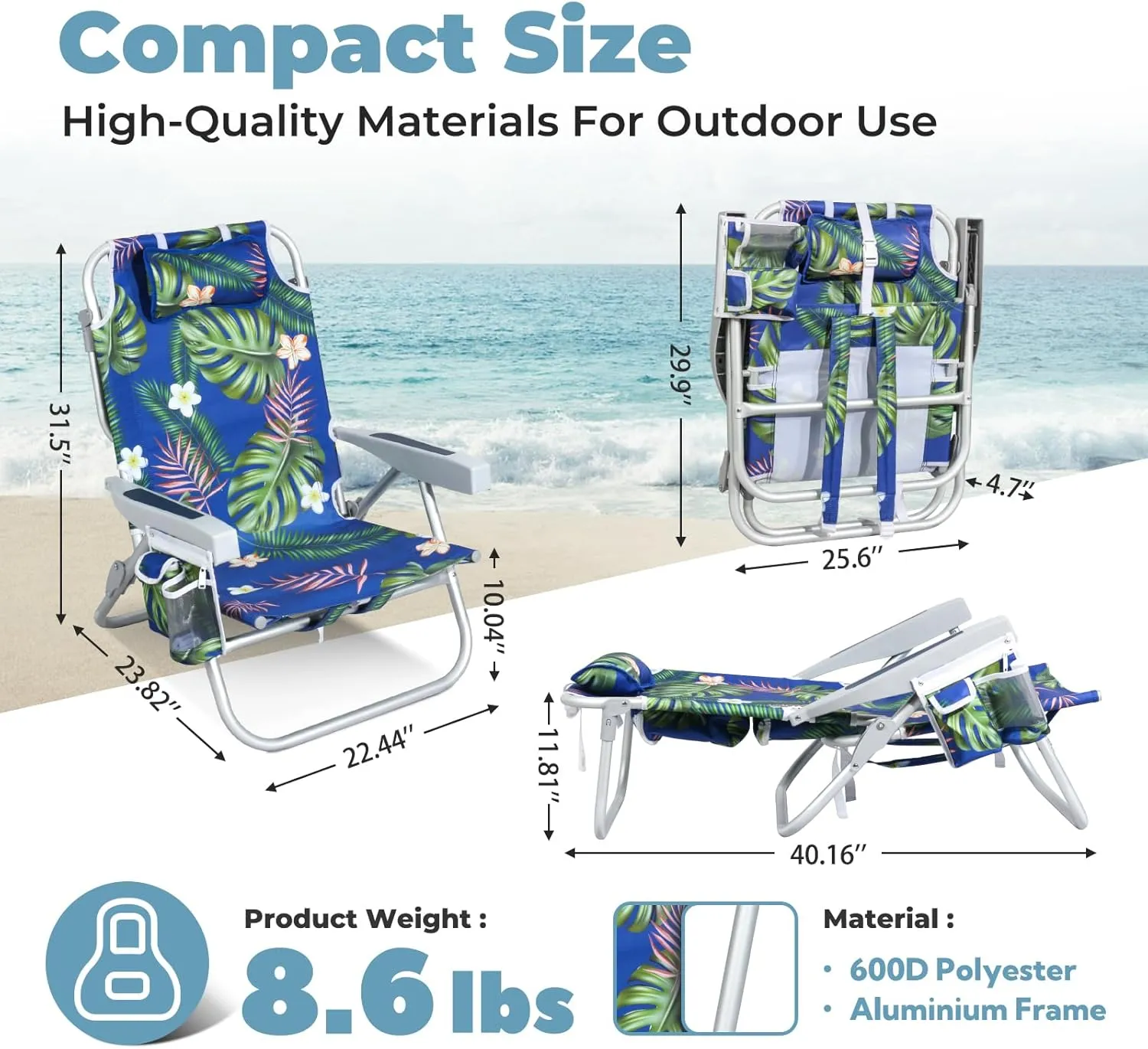 Low Beach Chairs for Adults 2 Pack – 5-Position Reclining Backpack Beach Chair with Large Insulated Cooler & Storage Pocket, Lightweight Folding Portable Sand Chair for Travel & Outdoor, Tropical Palm
