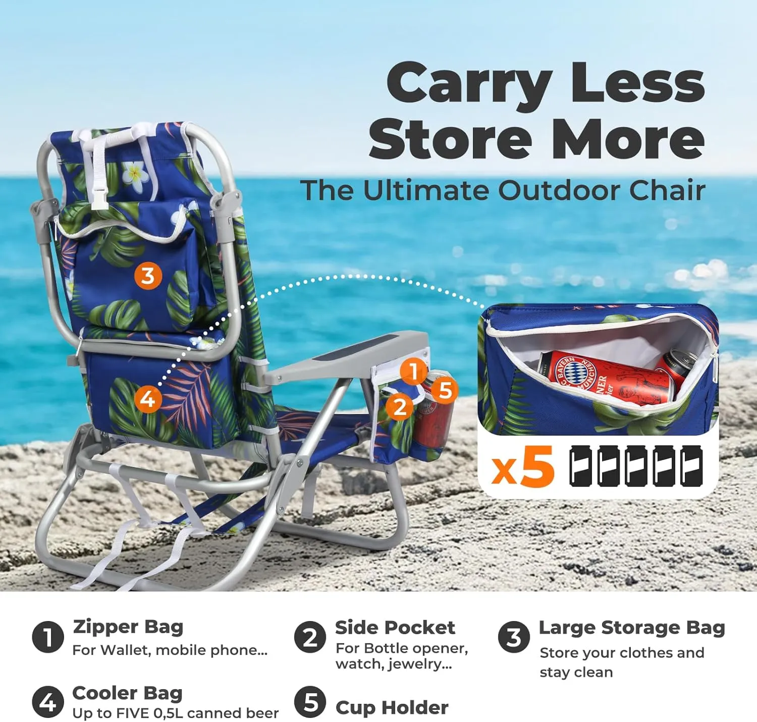 Low Beach Chairs for Adults – 5-Position Reclining Backpack Beach Chair with Large Insulated Cooler & Storage Pocket, Lightweight Folding Portable Sand Chair for Travel & Outdoor, Tropical Palm