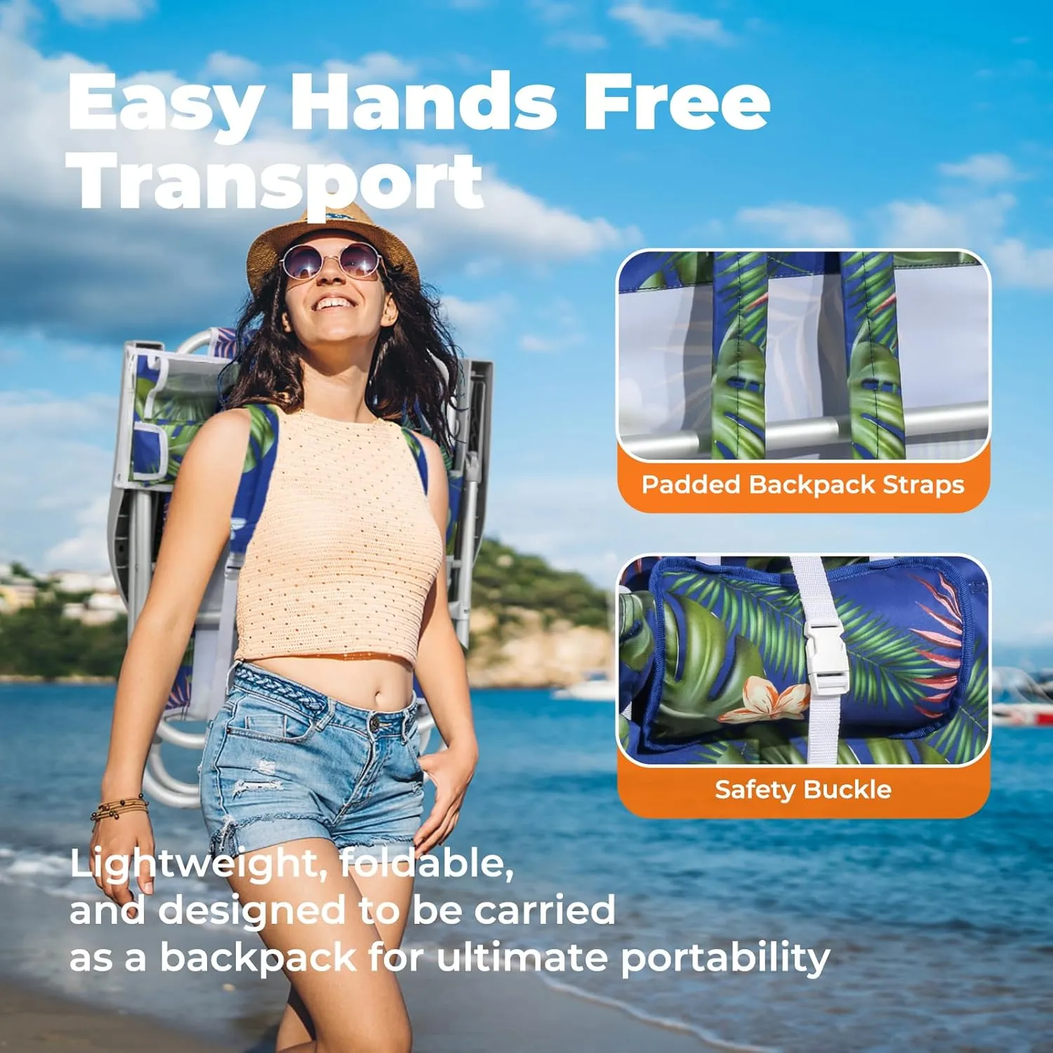 Low Beach Chairs for Adults – 5-Position Reclining Backpack Beach Chair with Large Insulated Cooler & Storage Pocket, Lightweight Folding Portable Sand Chair for Travel & Outdoor, Tropical Palm
