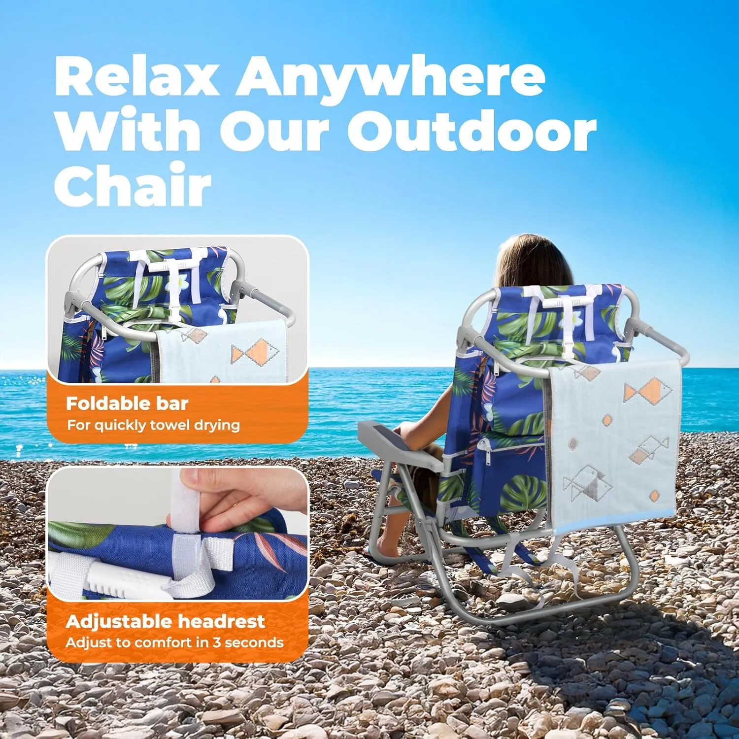 Low Beach Chairs for Adults – 5-Position Reclining Backpack Beach Chair with Large Insulated Cooler & Storage Pocket, Lightweight Folding Portable Sand Chair for Travel & Outdoor, Tropical Palm