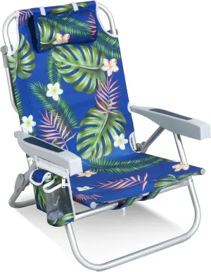 Low Beach Chairs for Adults – 5-Position Reclining Backpack Beach Chair with Large Insulated Cooler & Storage Pocket, Lightweight Folding Portable Sand Chair for Travel & Outdoor, Tropical Palm