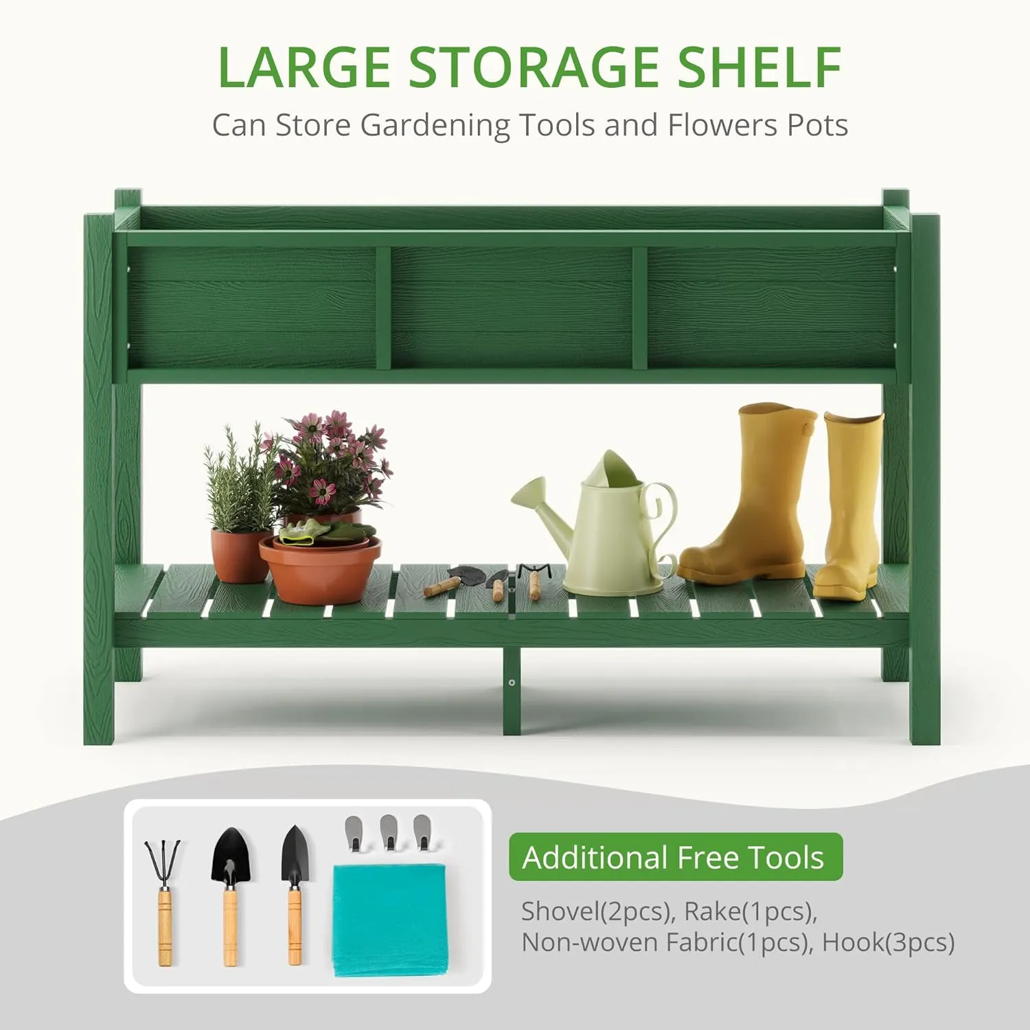 LUE BONA Raised Planter Box with Legs, 47 * 18 * 29 in, Raised Garden Bed with Tools and Storage Shelf, Weather Resistant, 3-Year Warranty, Standing Growing Bed Herb Planter for Vegetable, Green