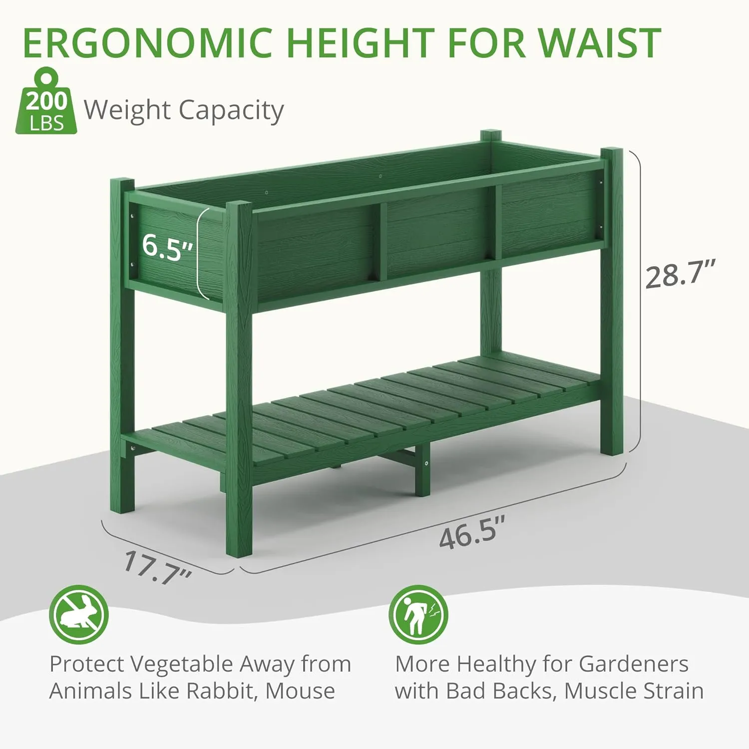 LUE BONA Raised Planter Box with Legs, 47 * 18 * 29 in, Raised Garden Bed with Tools and Storage Shelf, Weather Resistant, 3-Year Warranty, Standing Growing Bed Herb Planter for Vegetable, Green