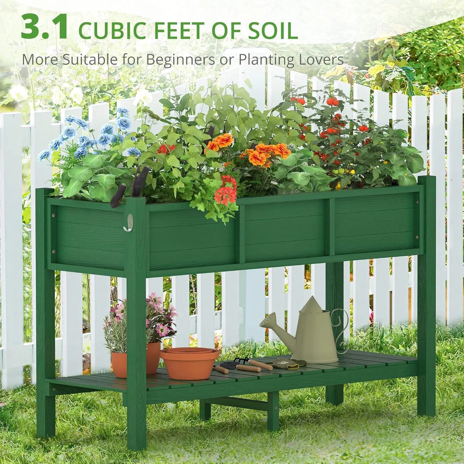 LUE BONA Raised Planter Box with Legs, 47 * 18 * 29 in, Raised Garden Bed with Tools and Storage Shelf, Weather Resistant, 3-Year Warranty, Standing Growing Bed Herb Planter for Vegetable, Green