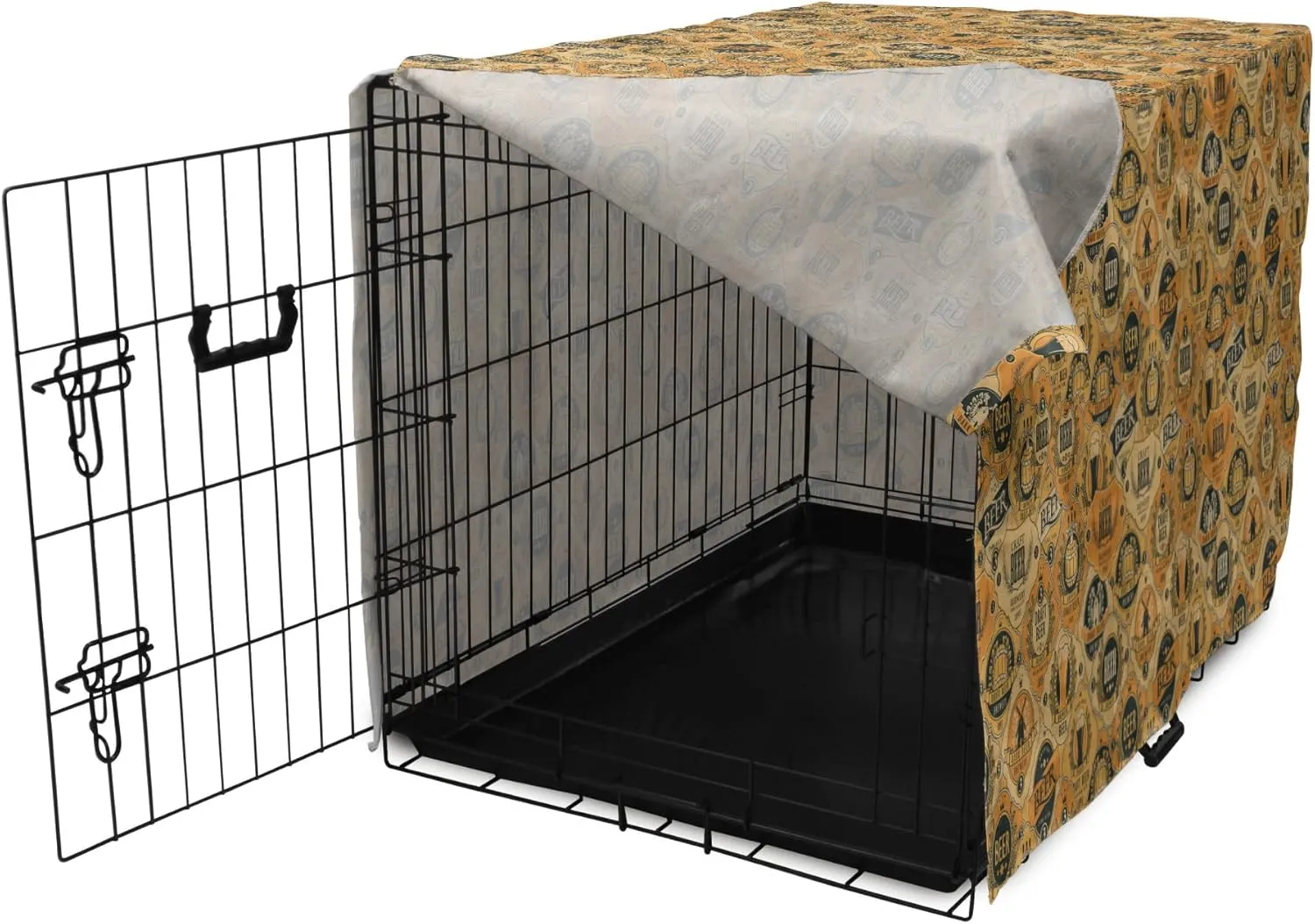Lunarable Drinks Dog Crate Cover, Beer Barrels and Labels in Retro Tones Brewery Cask Beverage Graphic, Easy to Use Pet Kennel Cover for Medium Large Dogs, 42 Inch, Pale Orange Dark Blue Grey