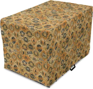 Lunarable Drinks Dog Crate Cover, Beer Barrels and Labels in Retro Tones Brewery Cask Beverage Graphic, Easy to Use Pet Kennel Cover for Medium Large Dogs, 42 Inch, Pale Orange Dark Blue Grey
