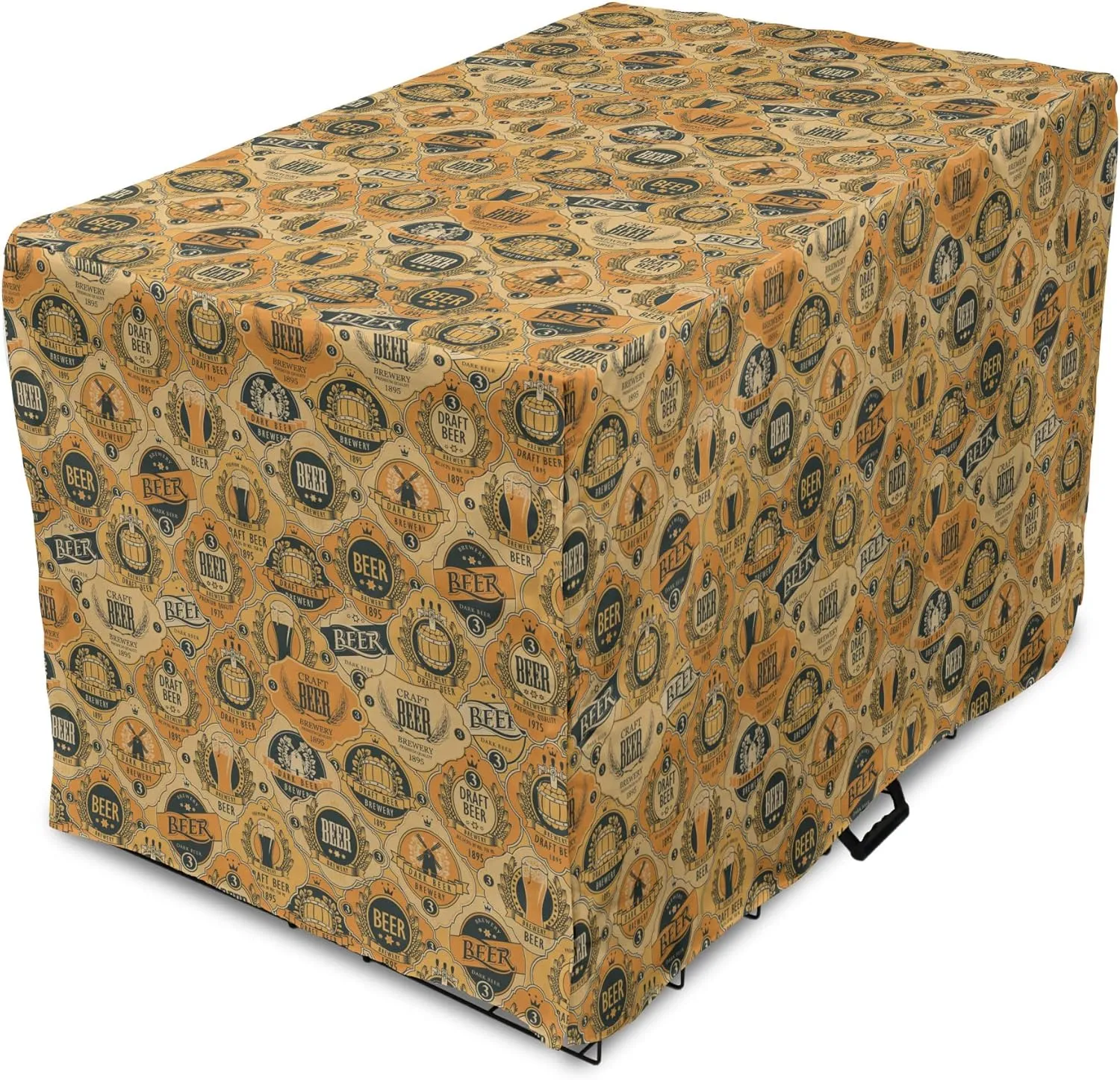 Lunarable Drinks Dog Crate Cover, Beer Barrels and Labels in Retro Tones Brewery Cask Beverage Graphic, Easy to Use Pet Kennel Cover for Medium Large Dogs, 42 Inch, Pale Orange Dark Blue Grey