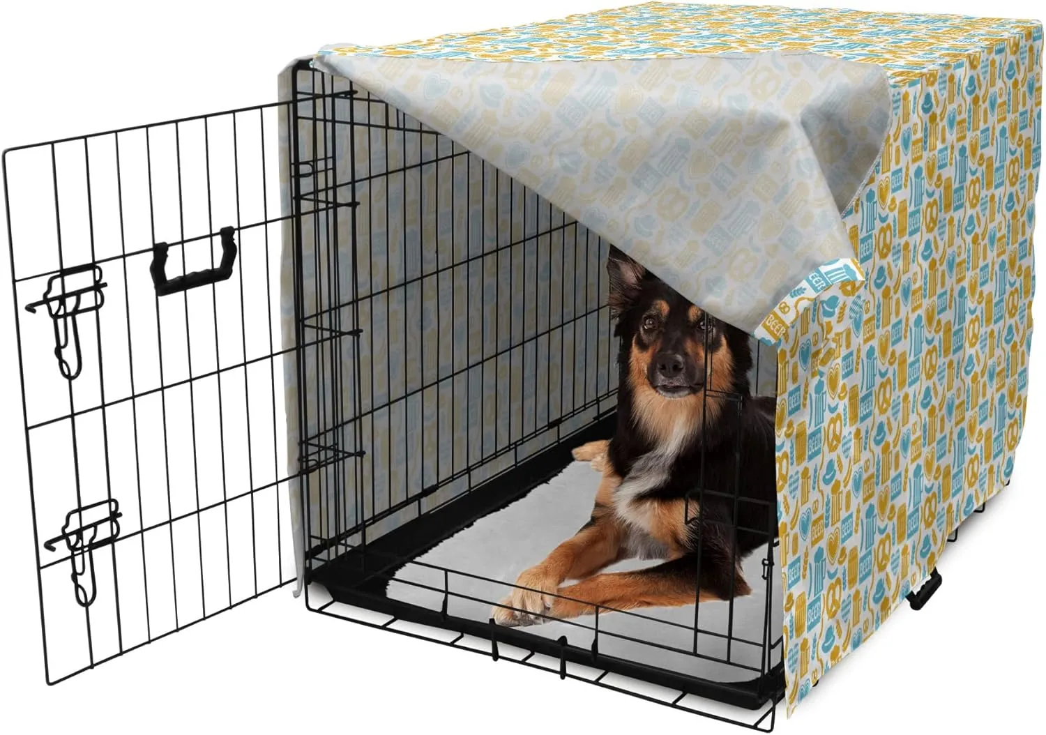 Lunarable Oktoberfest Dog Crate Cover, Beer Barrels Autumn Festivities German Traditional Celebration, Easy to Use Pet Kennel Cover for Medium Large Dogs, 36 Inch, Earth Yellow Pale Blue