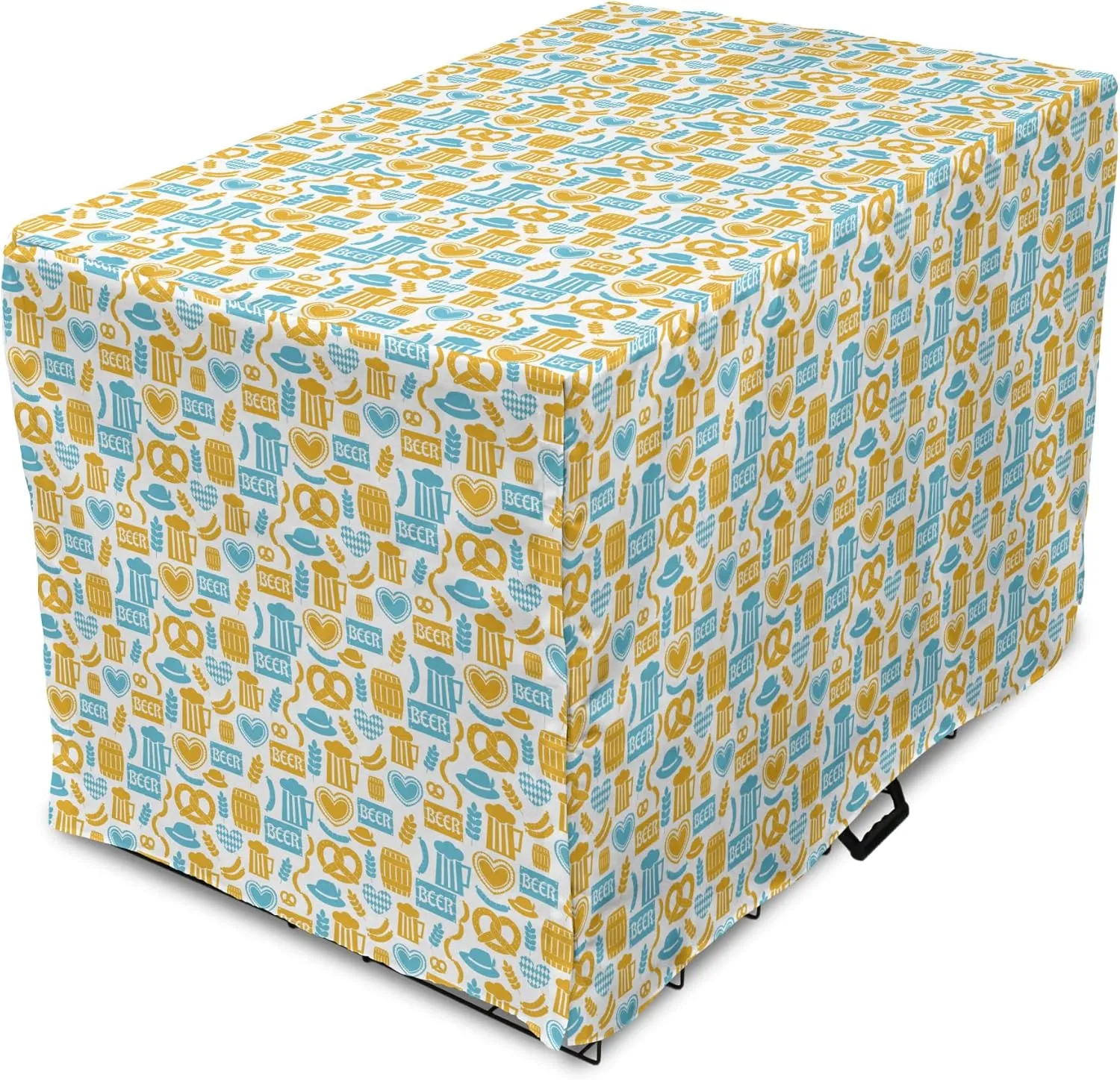 Lunarable Oktoberfest Dog Crate Cover, Beer Barrels Autumn Festivities German Traditional Celebration, Easy to Use Pet Kennel Cover for Medium Large Dogs, 36 Inch, Earth Yellow Pale Blue