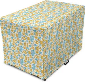 Lunarable Oktoberfest Dog Crate Cover, Beer Barrels Autumn Festivities German Traditional Celebration, Easy to Use Pet Kennel Cover for Medium Large Dogs, 36 Inch, Earth Yellow Pale Blue