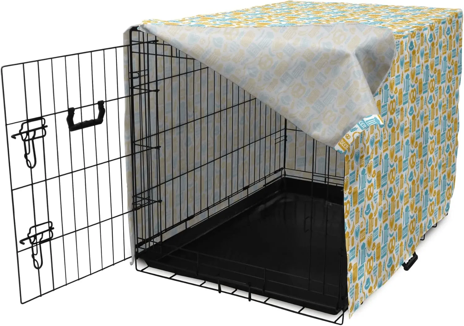 Lunarable Oktoberfest Dog Crate Cover, Beer Barrels Autumn Festivities German Traditional Celebration, Easy to Use Pet Kennel Cover for Medium Large Dogs, 48 Inch, Earth Yellow Pale Blue