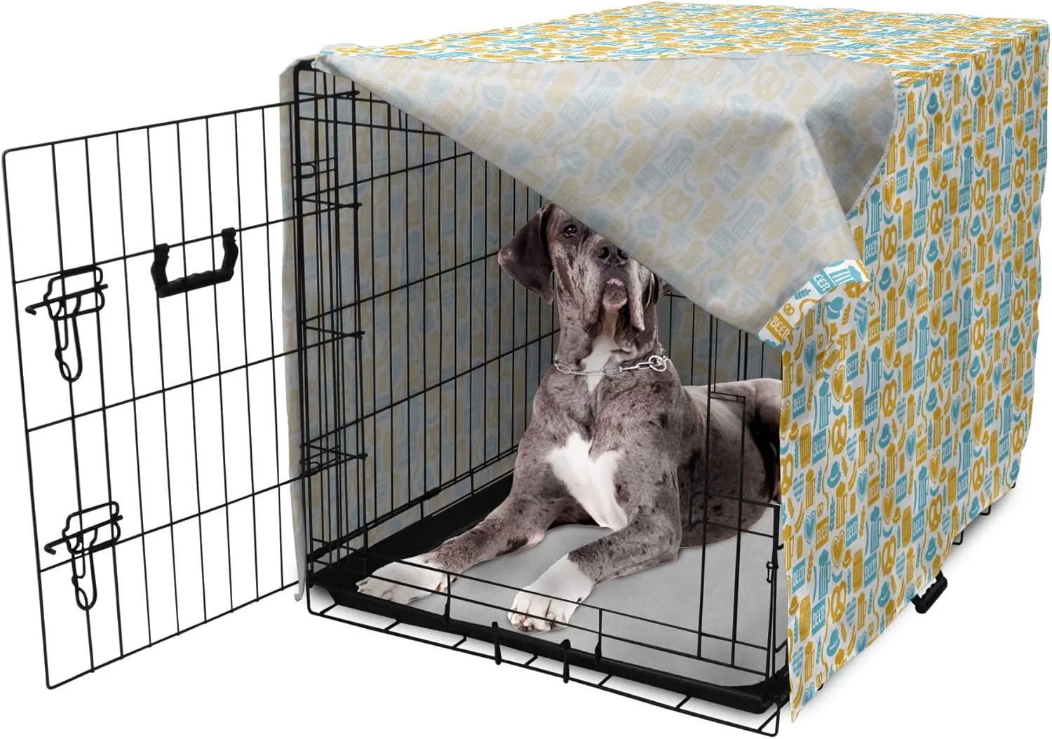 Lunarable Oktoberfest Dog Crate Cover, Beer Barrels Autumn Festivities German Traditional Celebration, Easy to Use Pet Kennel Cover for Medium Large Dogs, 48 Inch, Earth Yellow Pale Blue