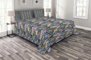 Lunarable Retro Bedspread, Music Cassettes of The Nineties Recording and Playing Instrument Vintage Pattern, Decorative Quilted 3 Piece Coverlet Set with 2 Pillow Shams, King Size, Multicolor