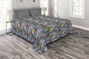 Lunarable Retro Coverlet, Music Cassettes of The Nineties Recording and Playing Instrument Vintage Pattern, 3 Piece Decorative Quilted Bedspread Set with 2 Pillow Shams, King Size, Multicolor