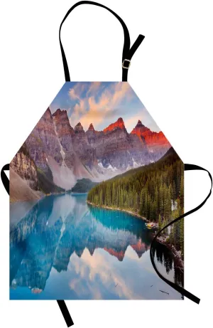 Lunarable Wilderness Apron, Moraine Lake and Mountains in Banff National Park Canada Sunrise Picture Print, Unisex Kitchen Bib Apron with Adjustable Neck for Cooking Baking Gardening, Multicolor