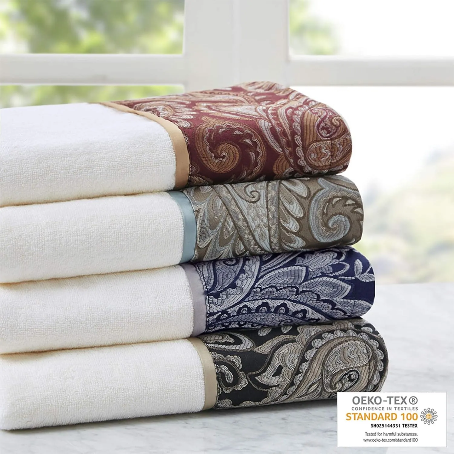 Madison Park Aubrey 100% Cotton Luxurious Bath Towel Set Highly Absorbent, Quick Dry, Jacquard Paisley Design, Hotel & Spa Quality for Bathroom Decor, Multi-Sizes, Navy 6 Piece