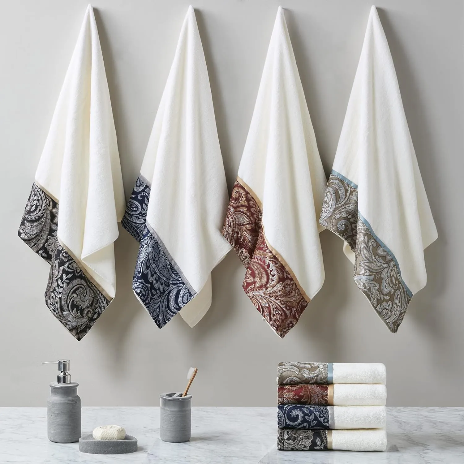 Madison Park Aubrey 100% Cotton Luxurious Bath Towel Set Highly Absorbent, Quick Dry, Jacquard Paisley Design, Hotel & Spa Quality for Bathroom Decor, Multi-Sizes, Navy 6 Piece