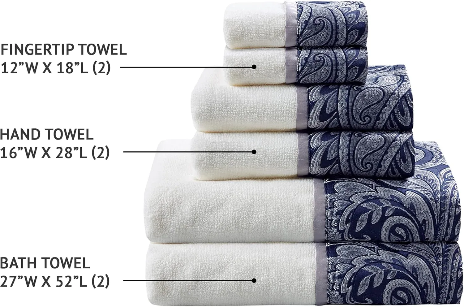 Madison Park Aubrey 100% Cotton Luxurious Bath Towel Set Highly Absorbent, Quick Dry, Jacquard Paisley Design, Hotel & Spa Quality for Bathroom Decor, Multi-Sizes, Navy 6 Piece