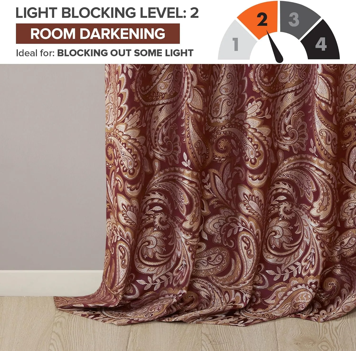 Madison Park Aubrey 2 Panel Curtain Faux Silk Paisley Jacquard, Rod Pocket Curtain for Living Room, Kitchen, Room Darkening Window Drape for Bedroom and Dorm, 2-PK 50x84, Burgundy