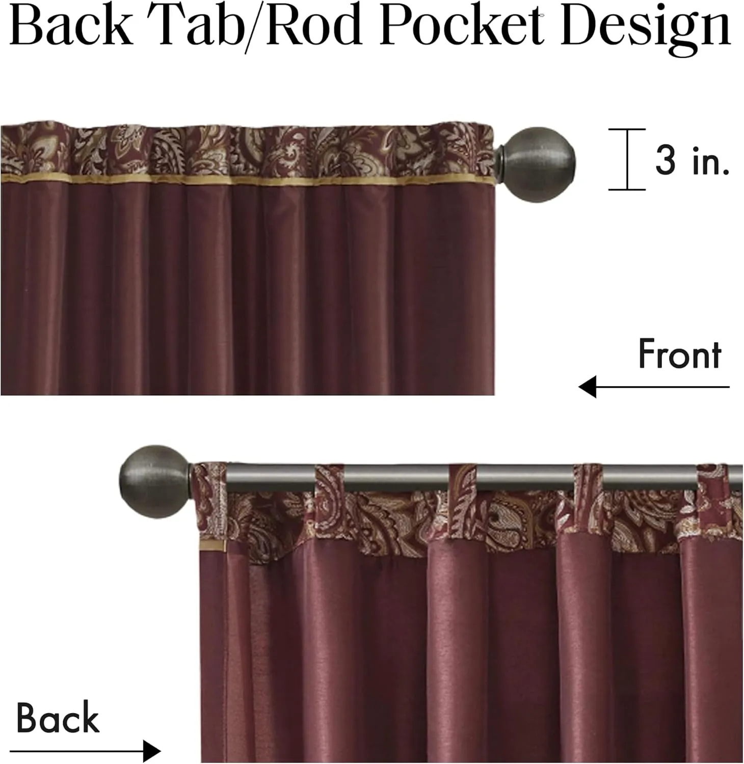Madison Park Aubrey 2 Panel Curtain Faux Silk Paisley Jacquard, Rod Pocket Curtain for Living Room, Kitchen, Room Darkening Window Drape for Bedroom and Dorm, 2-PK 50x84, Burgundy