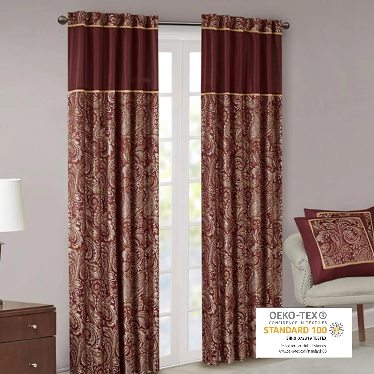 Madison Park Aubrey 2 Panel Curtain Faux Silk Paisley Jacquard, Rod Pocket Curtain for Living Room, Kitchen, Room Darkening Window Drape for Bedroom and Dorm, 2-PK 50x84, Burgundy